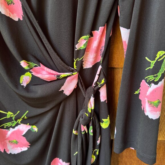 EUC Anne Klein Black Floral Print Stretch Knit Faux Wrap Dress in Women's Large - Picture 4 of 8